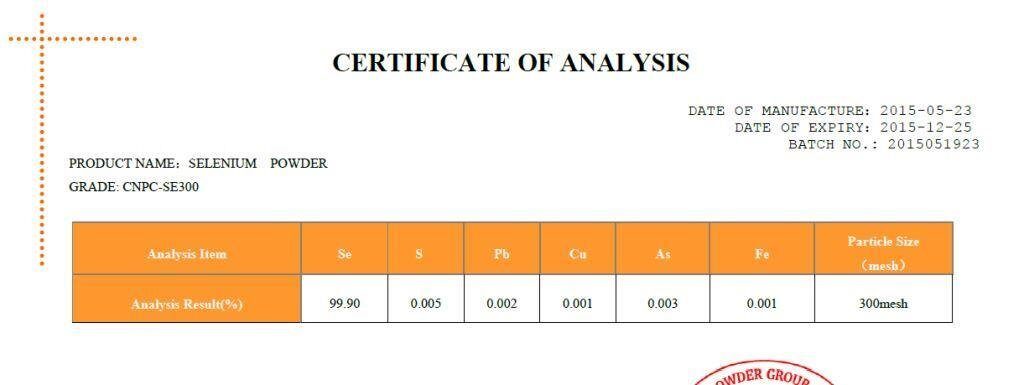 Сертификат-паспорт на селеновый металлический порошок 99,9% 50мкм